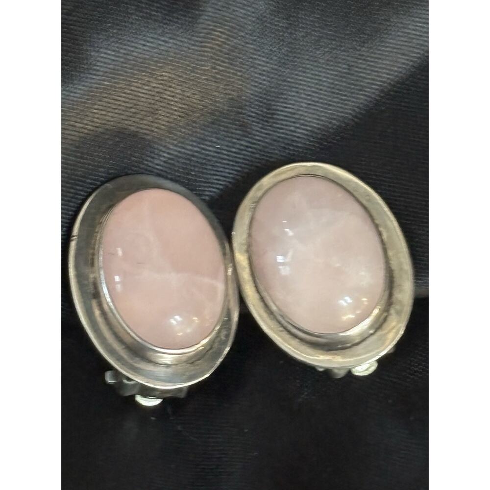 Vintage Oval Pink Quartz Cabochon & Sterling Silver Clip Earrings Taxco Mexico